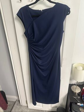 Anne Klein Navy Ruched Midi Sheath Dress